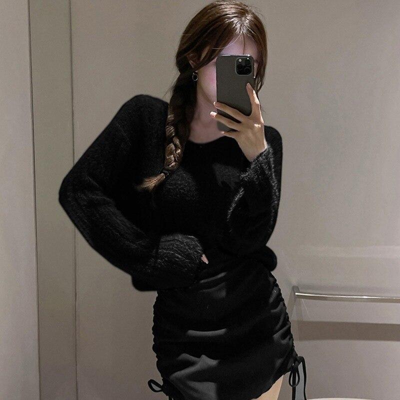 Autumn Mohair V-neck Sweater For Women Mohair Solid Color Casual Loose Soft Femme Tops Chic Hollow Out Pullovers