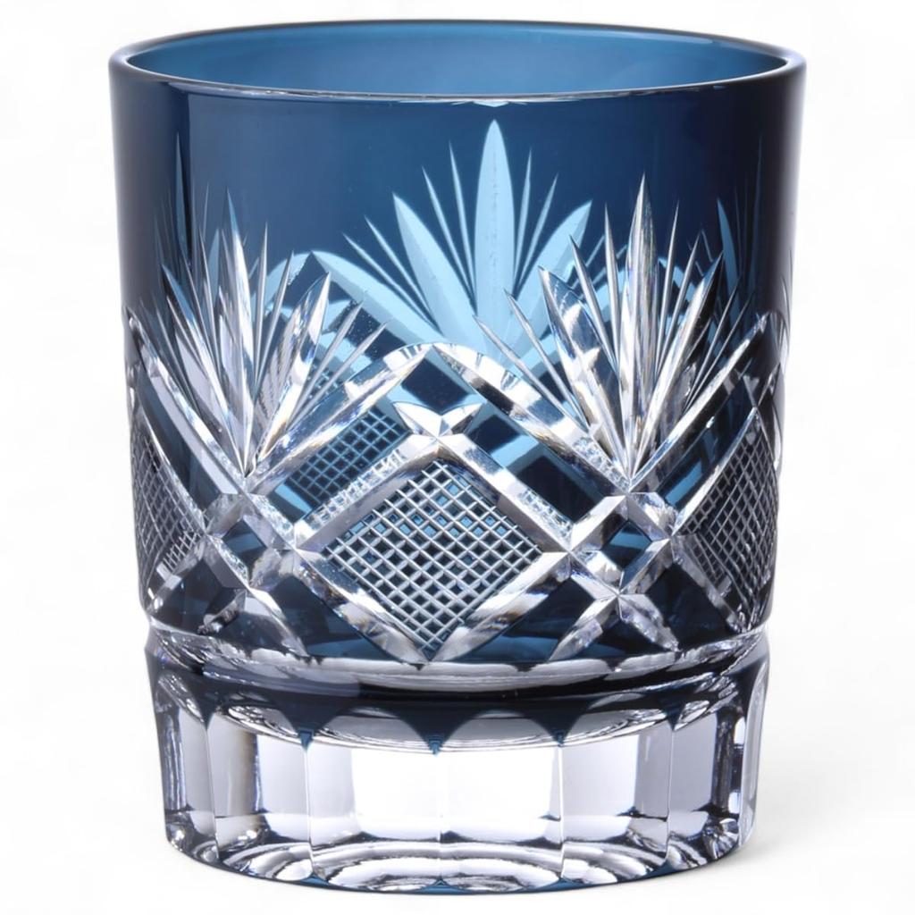 Mizukage Kiriko Whiskey Glass Orchid Ink Current Model J-kitchens Cup, 80xH90mm, 280cc, Carving, Blue,