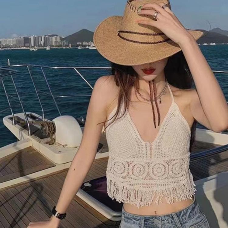 Seaside Fashion Sexy Suspender Vest Lace-up Knitted Beach Beauty Back Holiday Backless Tube Top Hollow Short Top