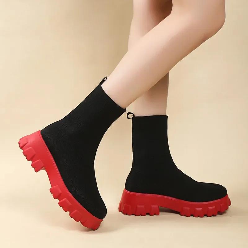 Spring Autumn New Women's Mid Calf Hoof Heels Sock Boots Slip on Round Toe Shoes for Women Ladies Breathable Platform Boots