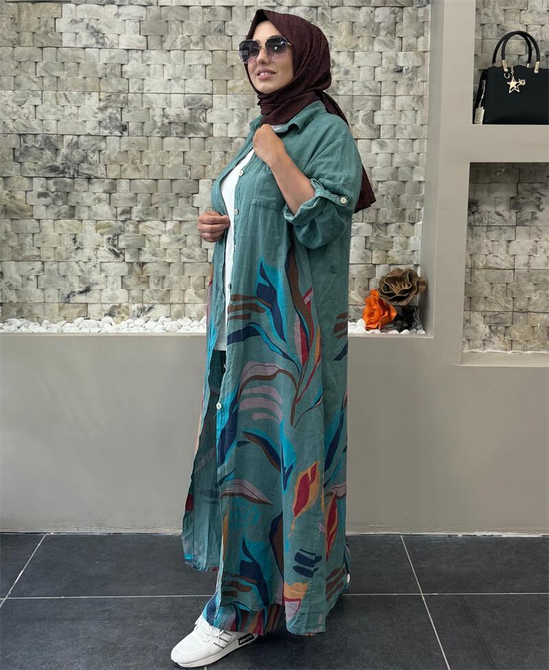 2024 Middle Eastern Fashion: Women's Print Long Cardigan & Wide-Leg Pants Two-Piece Set