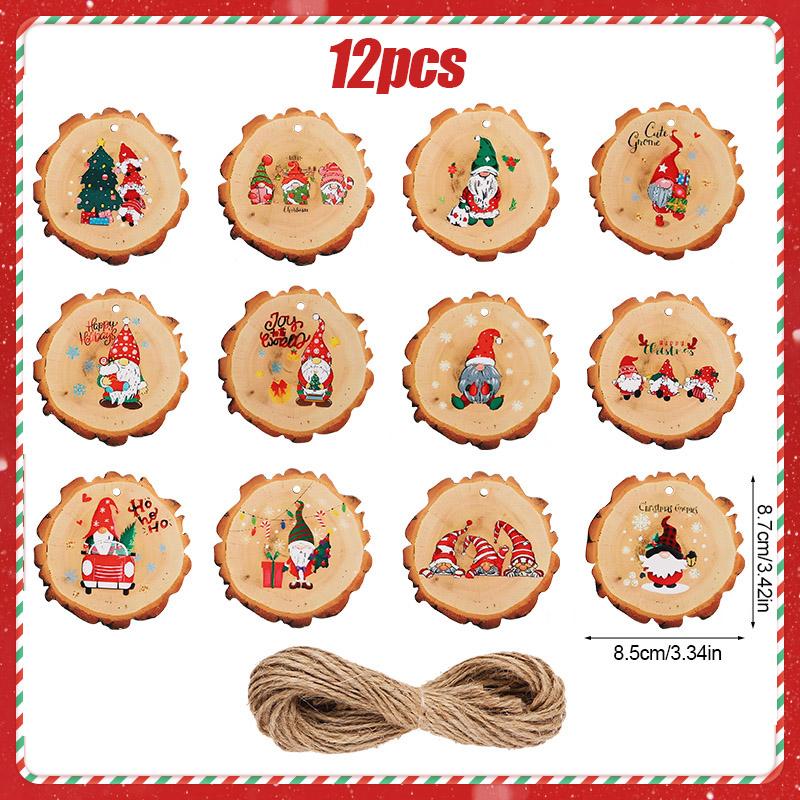 

12/24Pcs Christmas Wooden Ornament Cartoon Santa Claus Rustic Wood Slice New Year Home Decoration Xmas Tree Hanging Pendant Gift