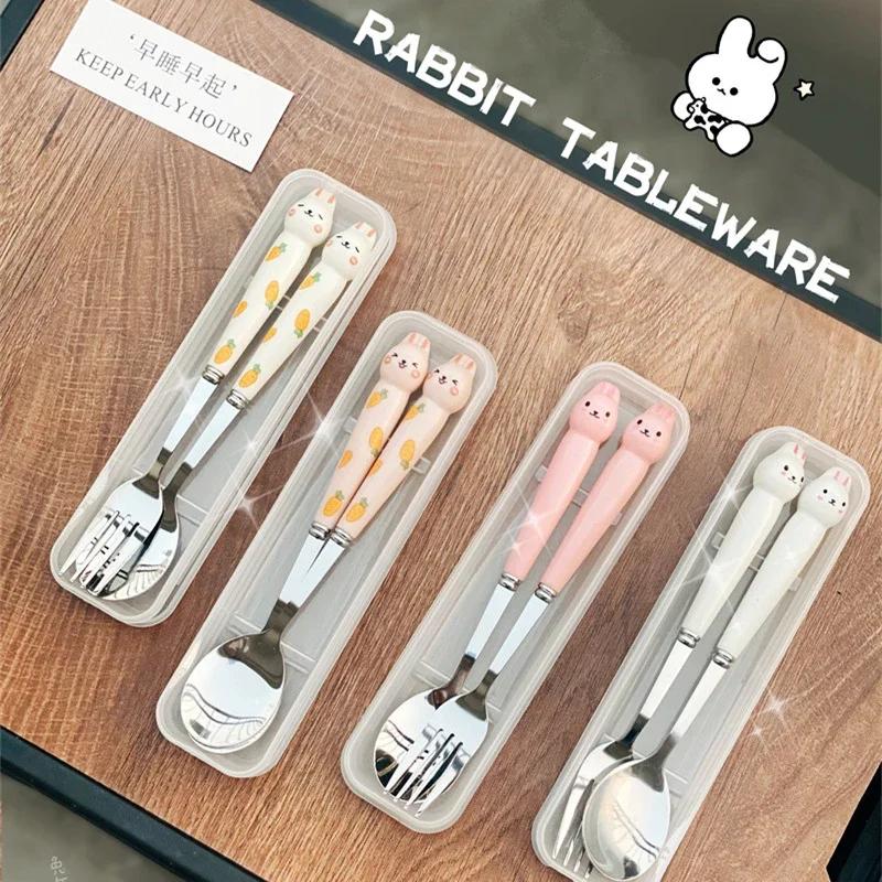 Cartoon Rabbit Cutlery Set Stainless Steel Spoon Fork Chopsticks Flatware Kawaii Bunny Tableware Utensils with Storage Box