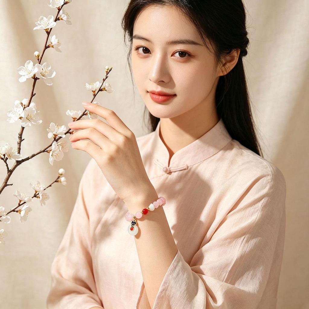 New Light Pink Pendant Ruyi Peace Buckle Bracelet Temperament Student Hand Accessories Chinese Style Ancient Charm Ethnic Style Wristband