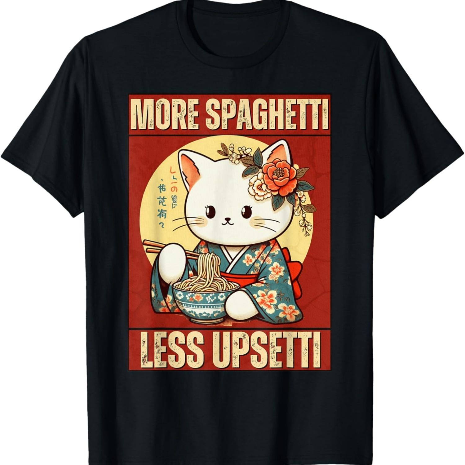 More Spaghetti Less Upsetti Funny Cat Eats Spaghetti Meme T-Shirt S чёрный