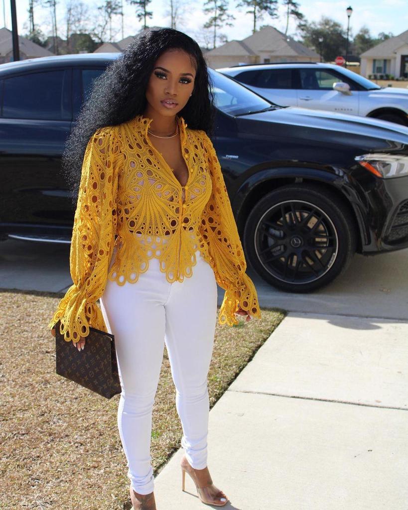Women’s Sexy Ruffle Long Sleeve Summer Lace Tops 2026 Puff Flare Shirt V Neck Hollow Out Button Down Tunic Blouses