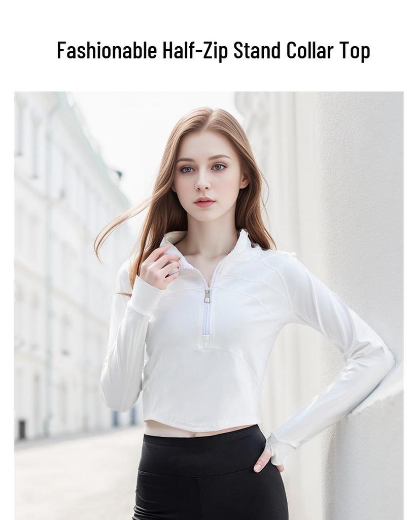 Women's Slim Fit Stand Collar Yoga Wear Long Sleeve T-Shirt - Stylish & Elastic for Autumn