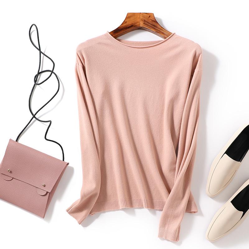 Autumn/Winter Women's Wool Sweater: Round & V-Neck, Rolled Edge, Long Sleeve, Thin Knit Top