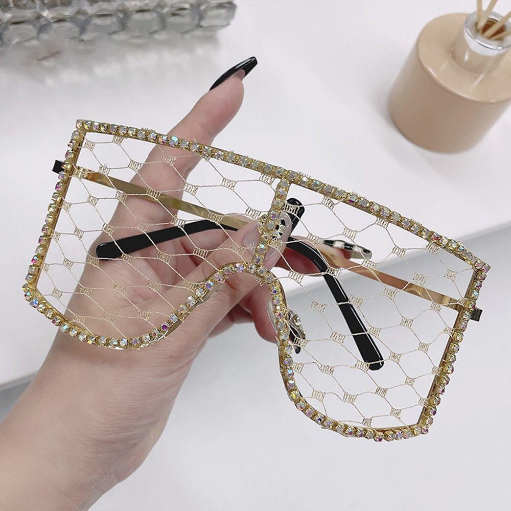Vintage Oversized Rhinestone Mesh Glasses Colorful Diamond Sunglasses Hollow Out Glasses For Women