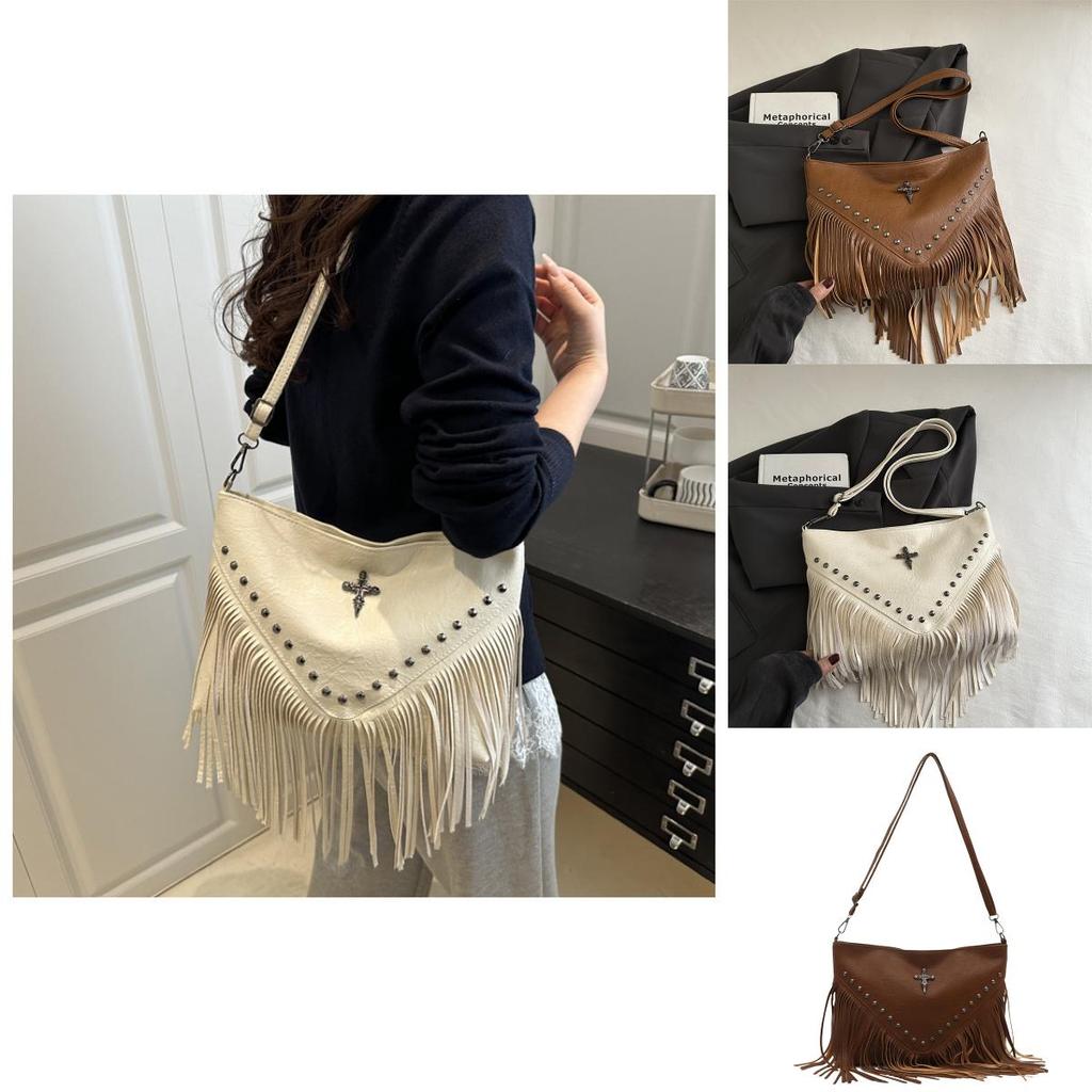 Bohemian Fringe Single Shoulder Bag With Rivets Pu Material For Casual Day Use