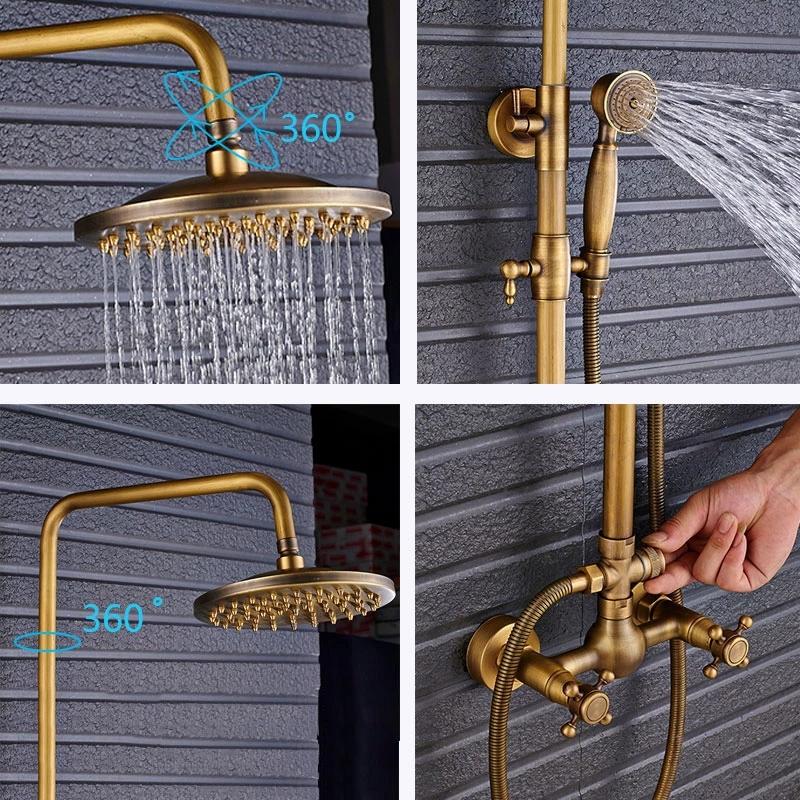 Antique Bathroom Rainfall Shower Faucet Set Wall Mount Dual Handle With Handshower Brass Bathroom Shower Mixer Tap
