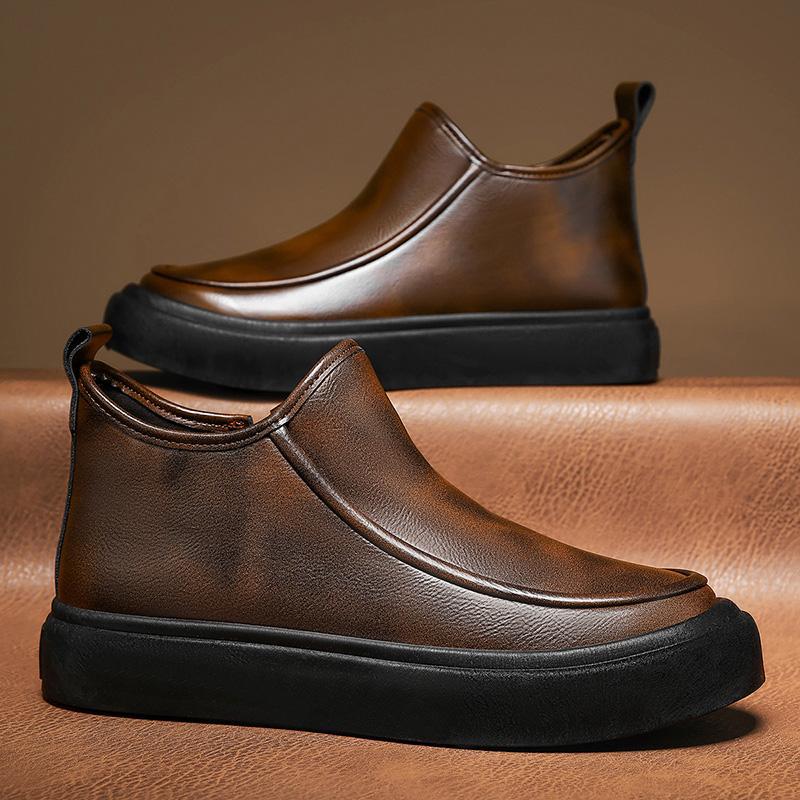 

Мужская обувь 2025 года, новые кожаные туфли, короткие, средние, на молнии, повседневные, внутренняя высота увеличивается, новый китайский стиль, подлинный, простой и удобный тренд 46 коричневый