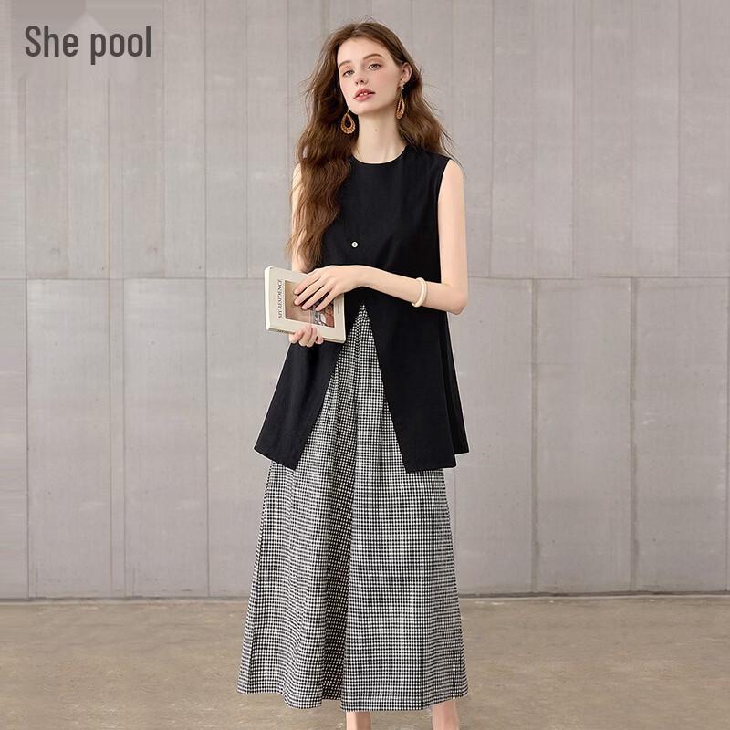Women s Relaxed Sleeveless Vest & Plaid Wide-Leg Pants Set M