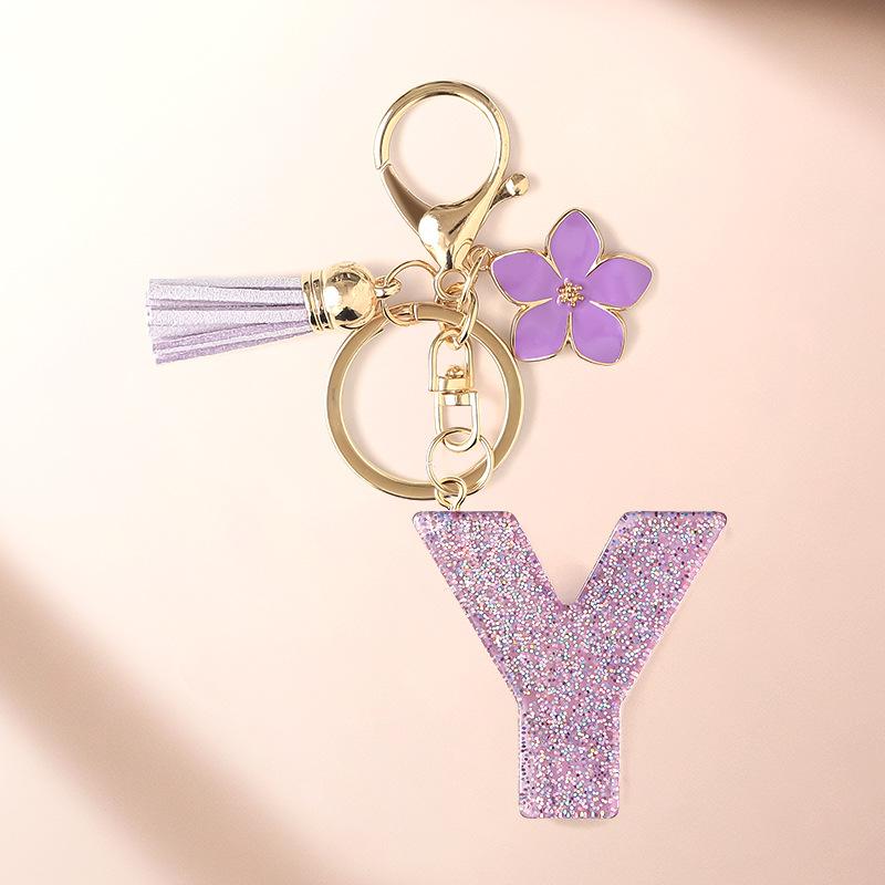 Flash Powder 26 English letters, diy, Resin keychain, purple flower, pendant, bag pendant, keychain, Christmas gift, Stocking stuffers