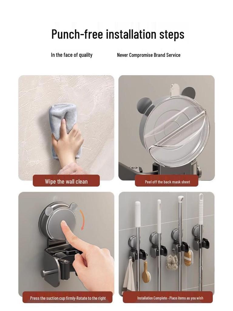 No-Punch Suction Mop & Broom Holder for Bathroom & Balcony