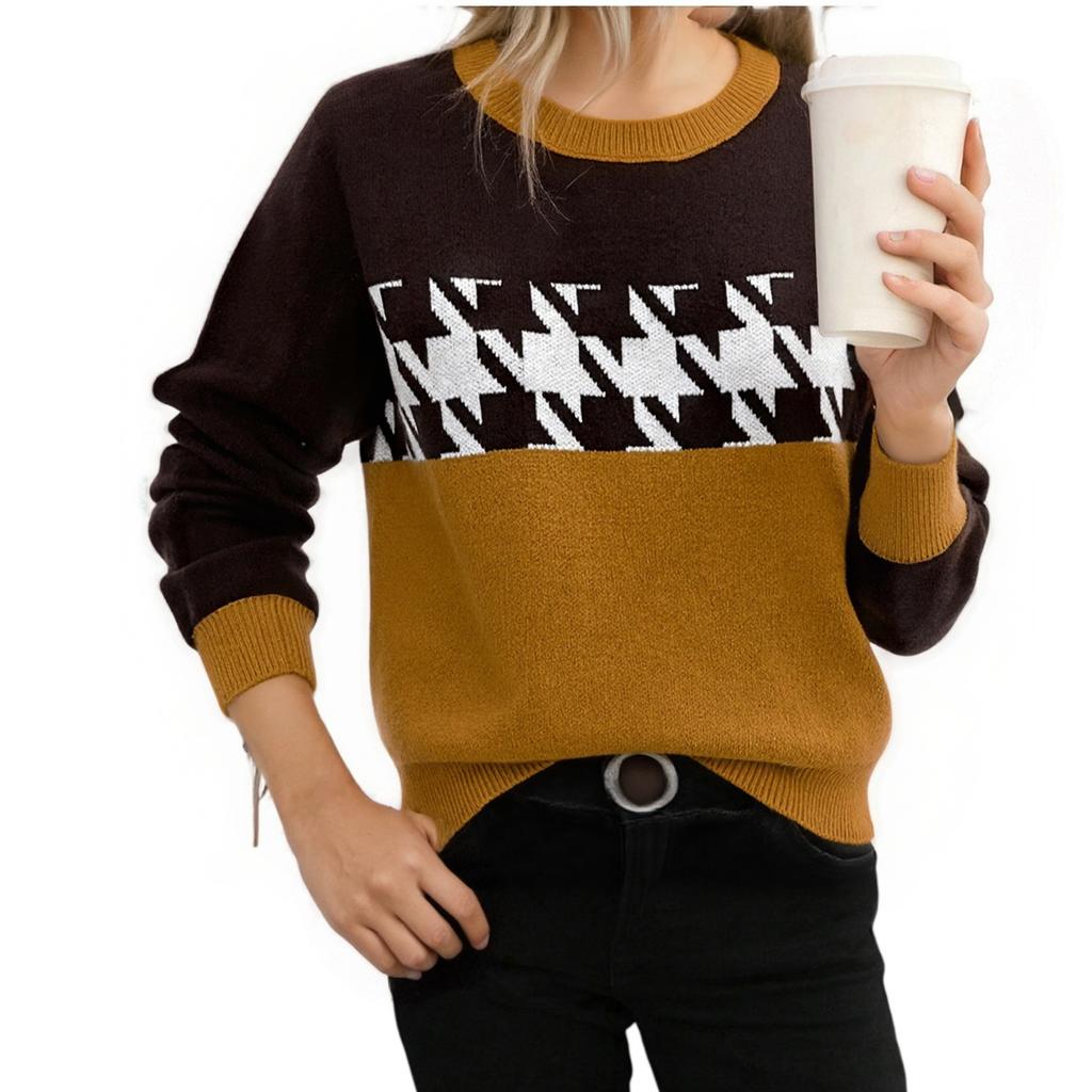 Women's Casual Round Neck Colorblock Pullover Sweater Geometric Long Sleeve Contrast Color Top