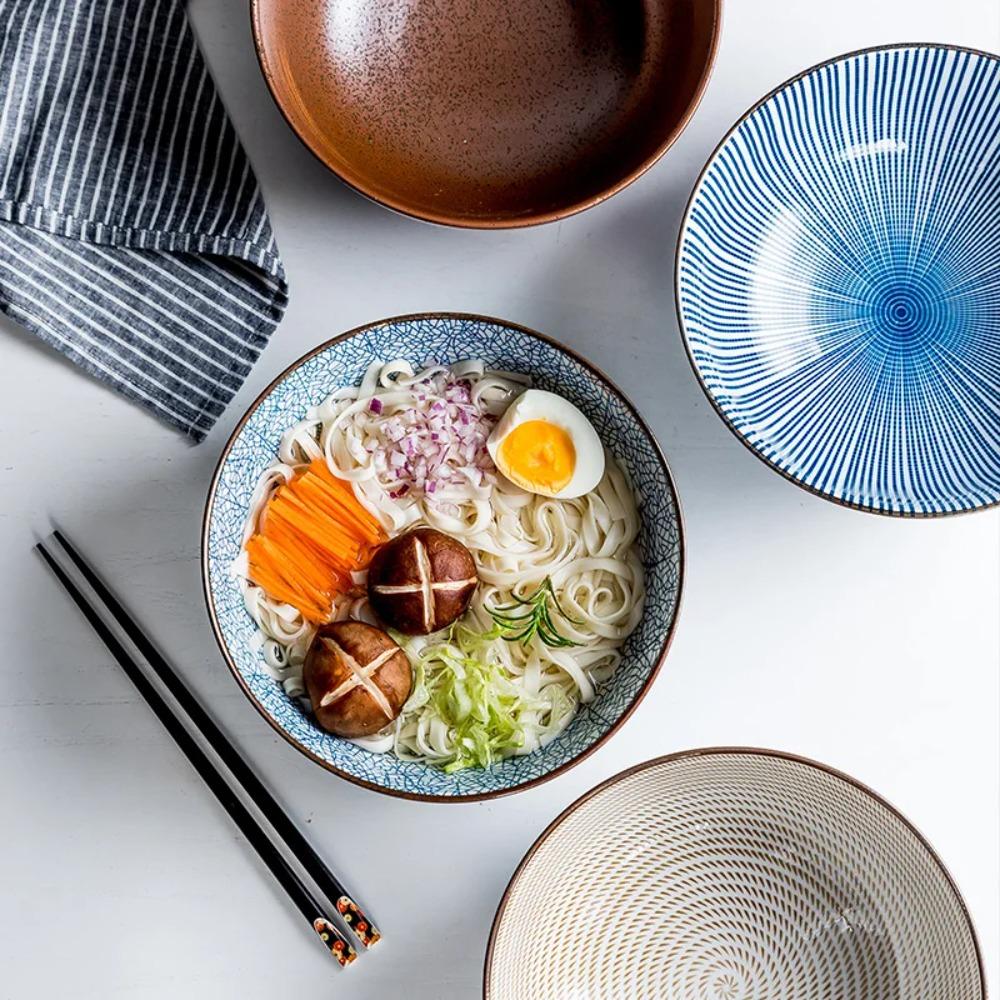Household Retro Tableware Japanese Lamian Noodles Bowl Ceramic Noodle Bowl Stripe Design Big Soup Bowl Restaurant 8 Inches.