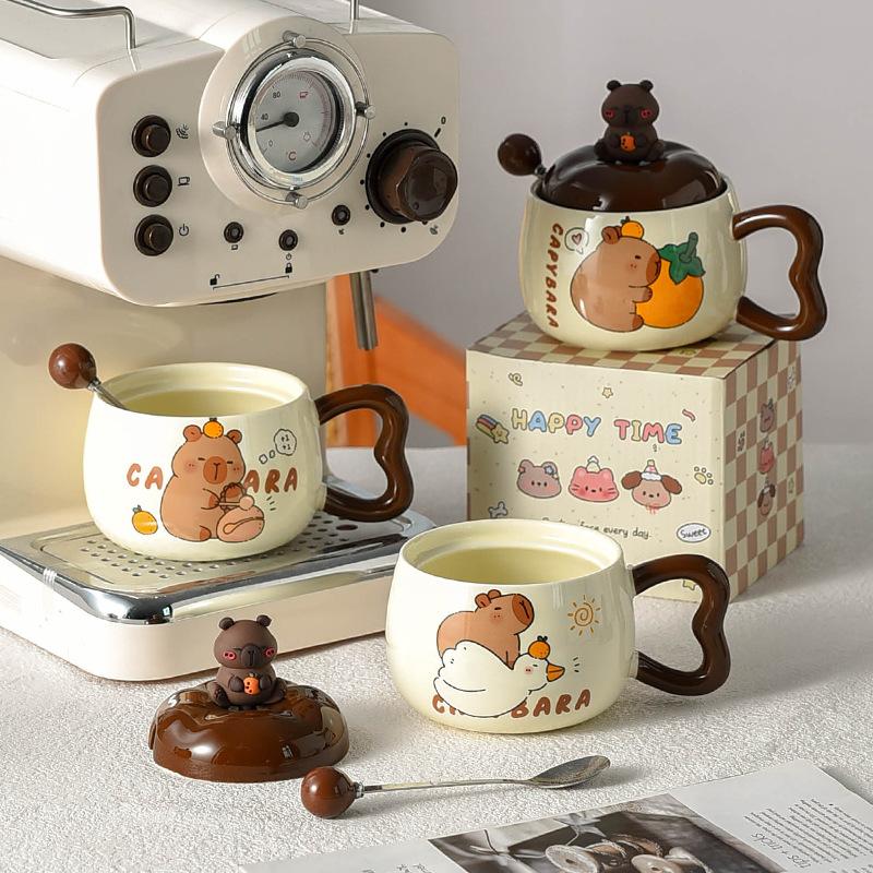 Taza de Capibara Taza Linda con Tapa y Cuchara Cerámica Creativa Estilo para Niños Taza para Desayuno Infantil Gran Capacidad