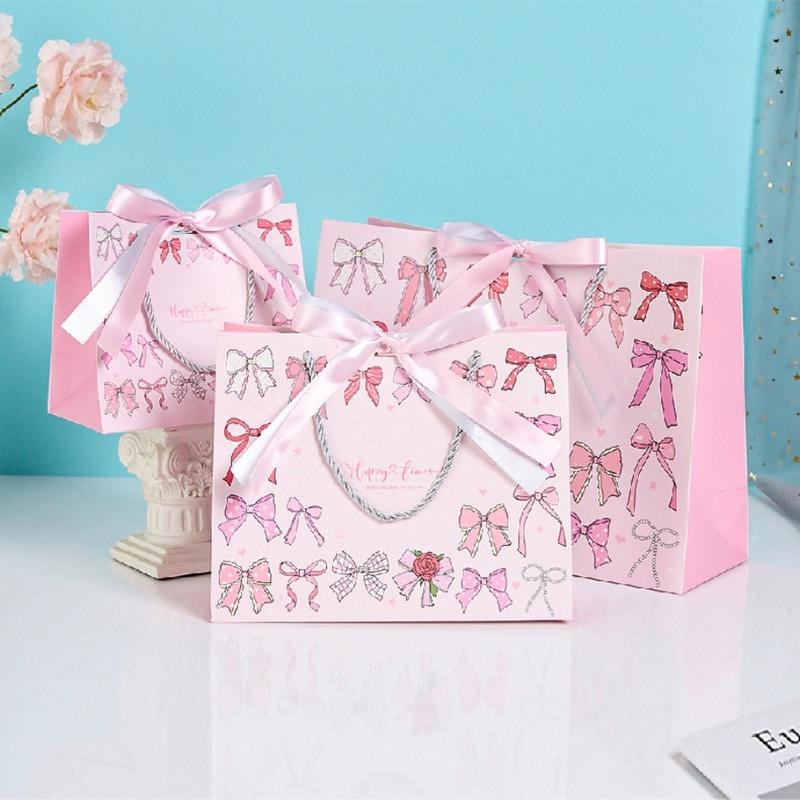 3pcs/pack Gift Paper Bags Pink Blue Bow Ribbon Handle Kraft Paper Party Present Packaging Bags for Birthday Wedding Baby Shower