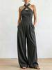 Women Cross Neck Halter Wide Leg Jumpsuit Solid Color Pleated Backless Elegant Long Pants Romper