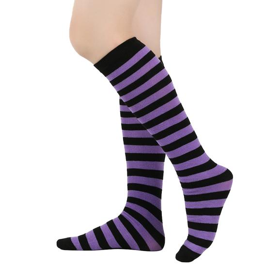 Women Striped Knee-high Socks Colorful Stretchy Knee-length Socks Ribbed Leg Warmers for Costume Party Street Daily Wear