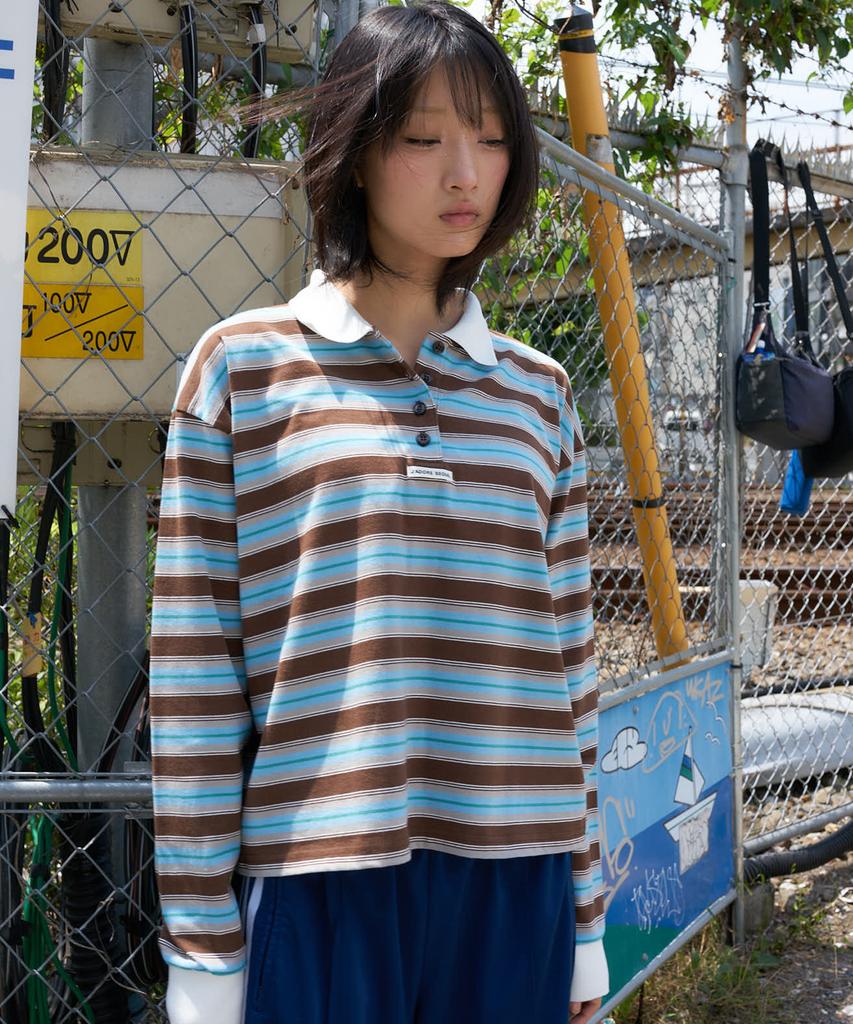 LARTIGENT L27 Stripe Collar Long Sleeve T-Shirt(Mint Brown)