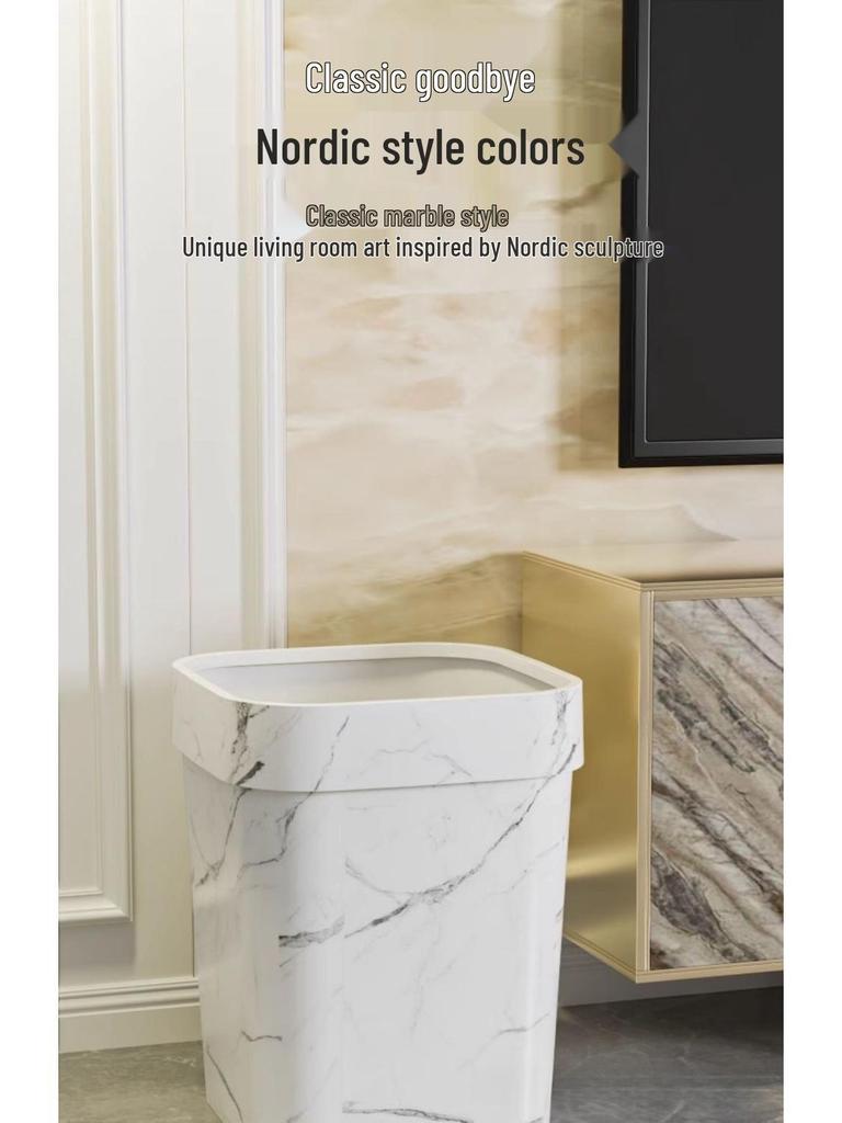 Large Capacity Faux Marble Pattern Trash Can for Office, Home, Hotel, Bathroom, & Living Room - Chinese Style