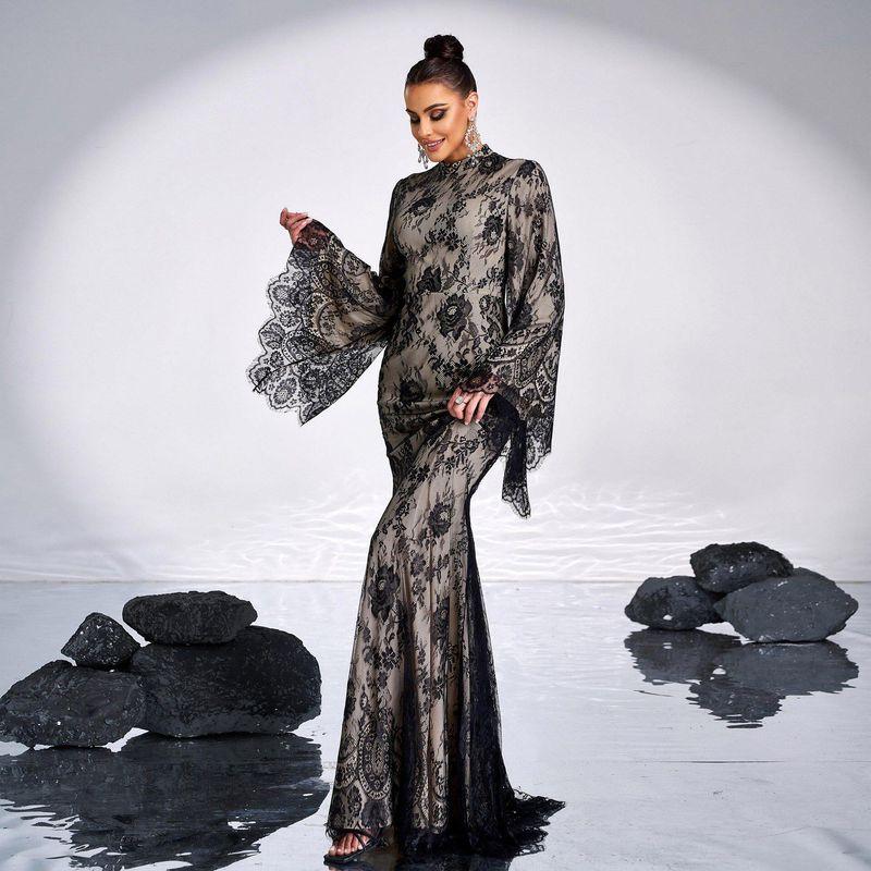 Cross-Border European and American High-End Long-Sleeved Elegant Round-Neck Sexy Long Lace Evening Dress Bridesmaid Dress for Women