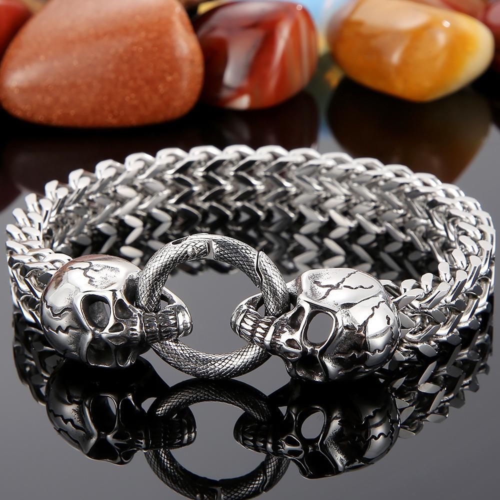 Punk Rock Double Skull Head Face Design Men's Bracelet 11MM Width Stainless Steel Square Franco Link Chain Skeleton Jewelry Male