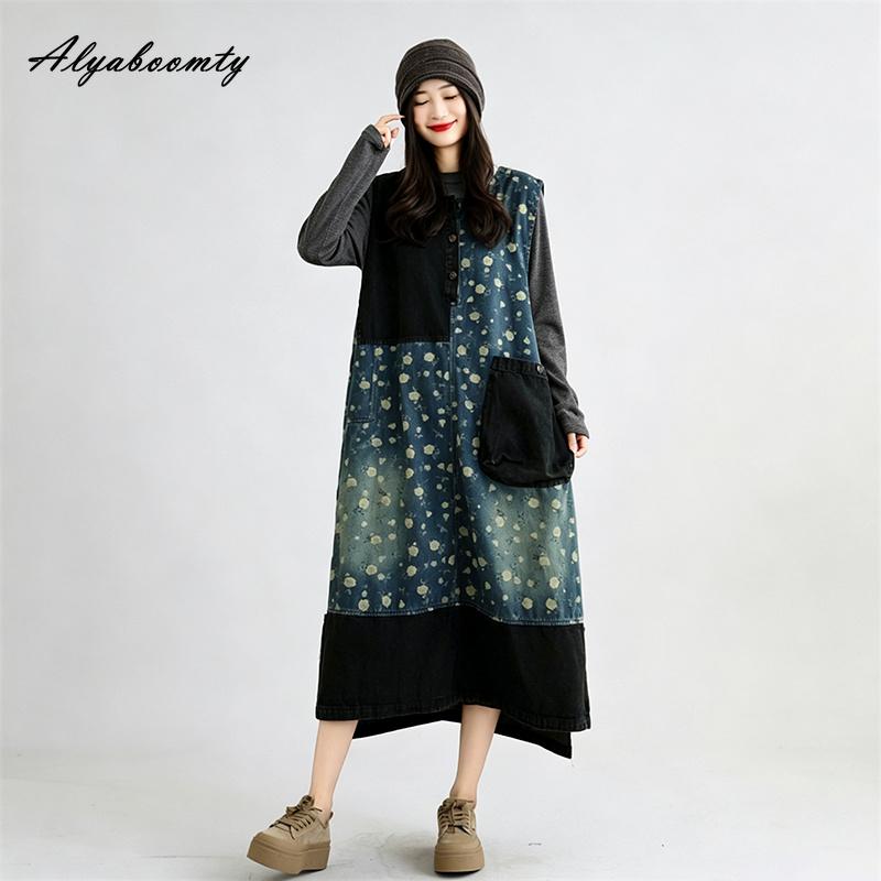 Korean Fashion Autumn Spring Women Oversized Denim Sundress O Neck Patchwork Rose Floral Print Tank Dress Sleeveless Retro Baggy Stylish Midi Dress