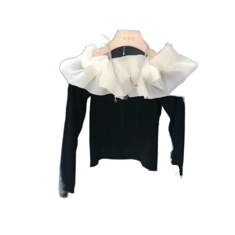 Spring 2024 French Chic Off-Shoulder Mesh Patchwork Slimming Long-Sleeve Women's Top