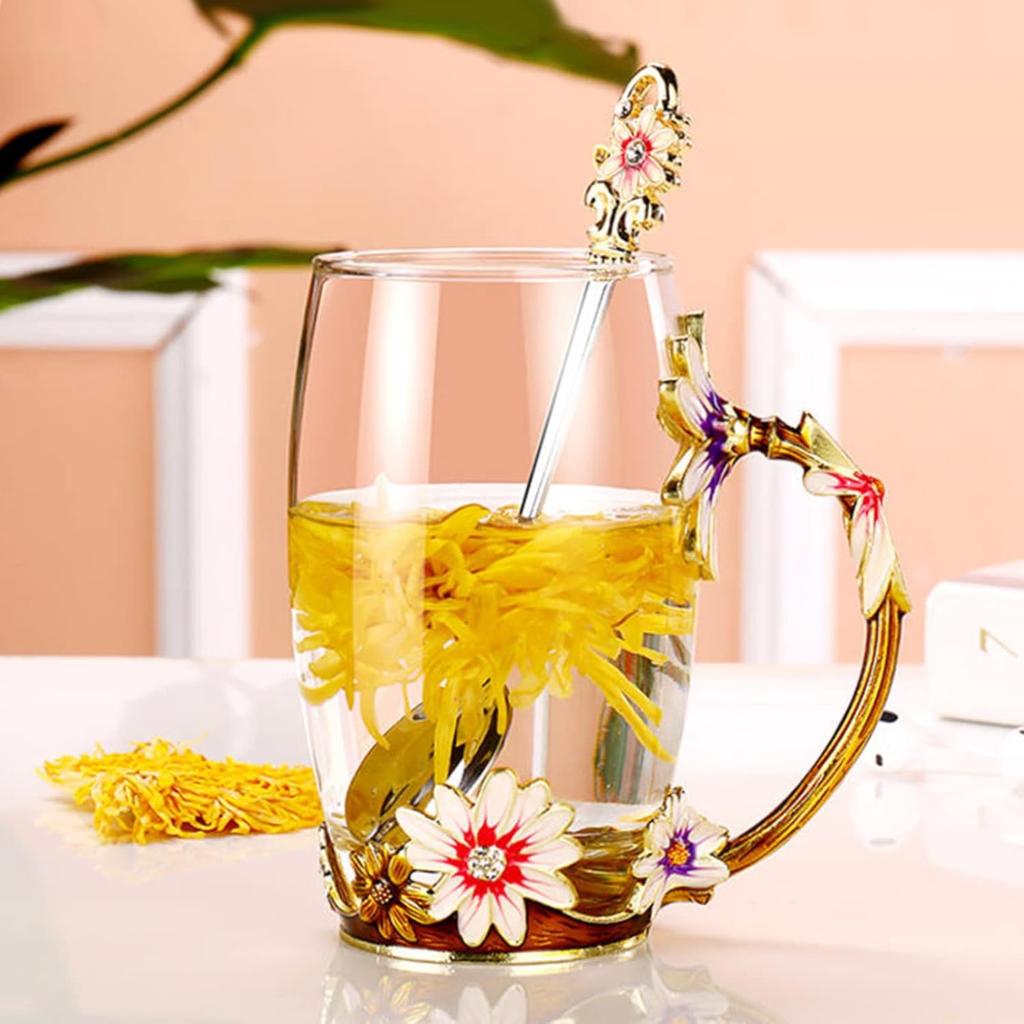 Glass Coffee Enamels Mug with Steel Spoon ,Best Birthday Valentines Gifts for Women,Enamel Flower Lead-free Glass Coffee Mugs Tea Cup