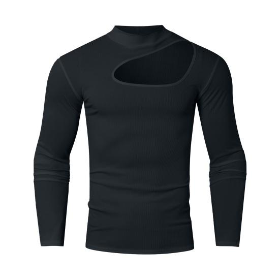 

Мужской топ с высоким воротником и рваным дизайном, однотонный, с вырезом, облегающий, для мышц и фитнеса S чёрный