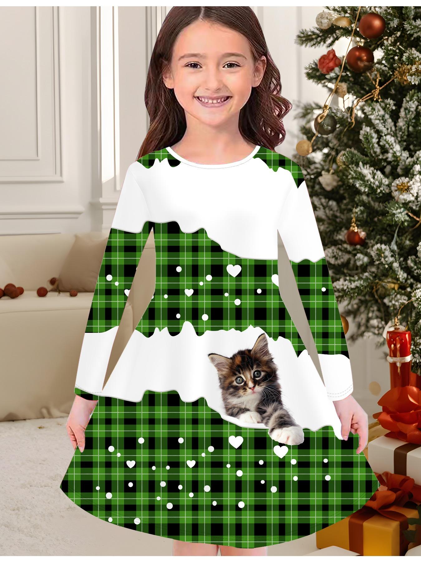 

Girls Autumn and Winter Fashion Dress, 3D Plaid Print Round Neck Long Children s T-shirt Dress, Casual Versatile, Christmas Clothing 170 зелёный