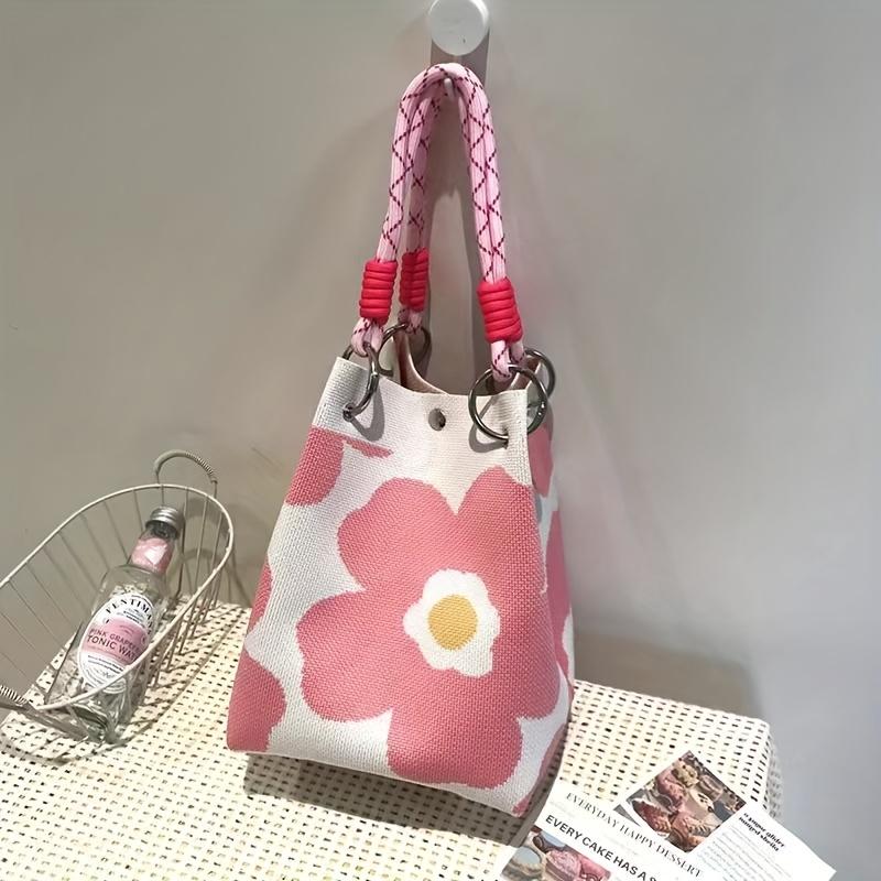 Women's Knit Bucket Bag with Magnetic Closure & Adjustable Rope Handles - Large Capacity Mixed Color Heart Pattern Tote, Durable Polyester Handbag