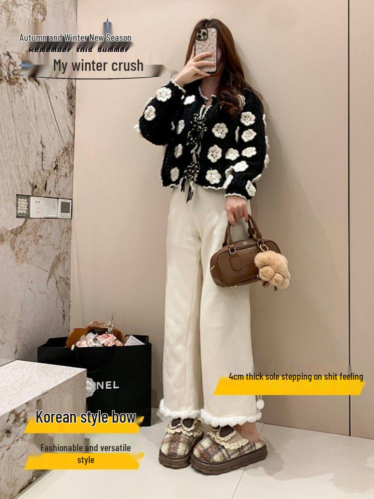 Women's Cotton Slippers Autumn/Winter 2025: Korean Style with Lace Bow, Thick Non-Slip Sole, Warm for Indoor Use.