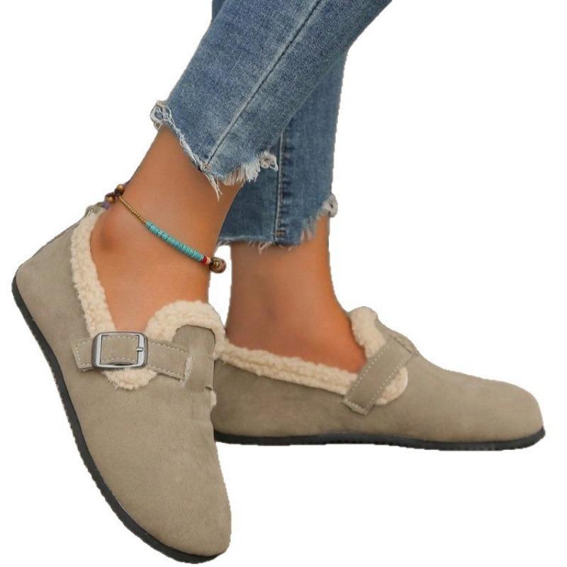 Fleece one-pedal cotton shoes women's winter new retro flat-bottomed warm buckle cotton shoes