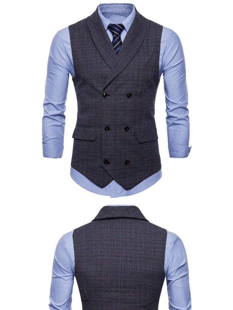 Pánská retro kostkovaná dvouřadá vesta, velká velikost - Business casual vesta na jaro a podzim