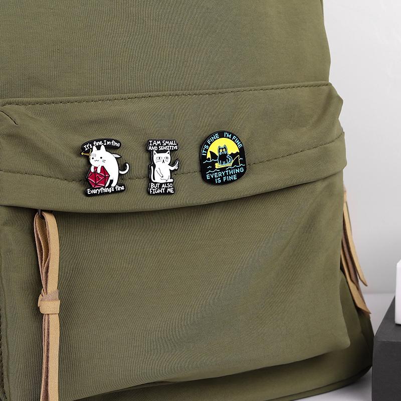 It's Fine I'm Fine Enamel Pin Custom Funny Cat Sharks Sword Brooch Lapel Badge Kitten Animal Jewelry Gift for Kids Friends