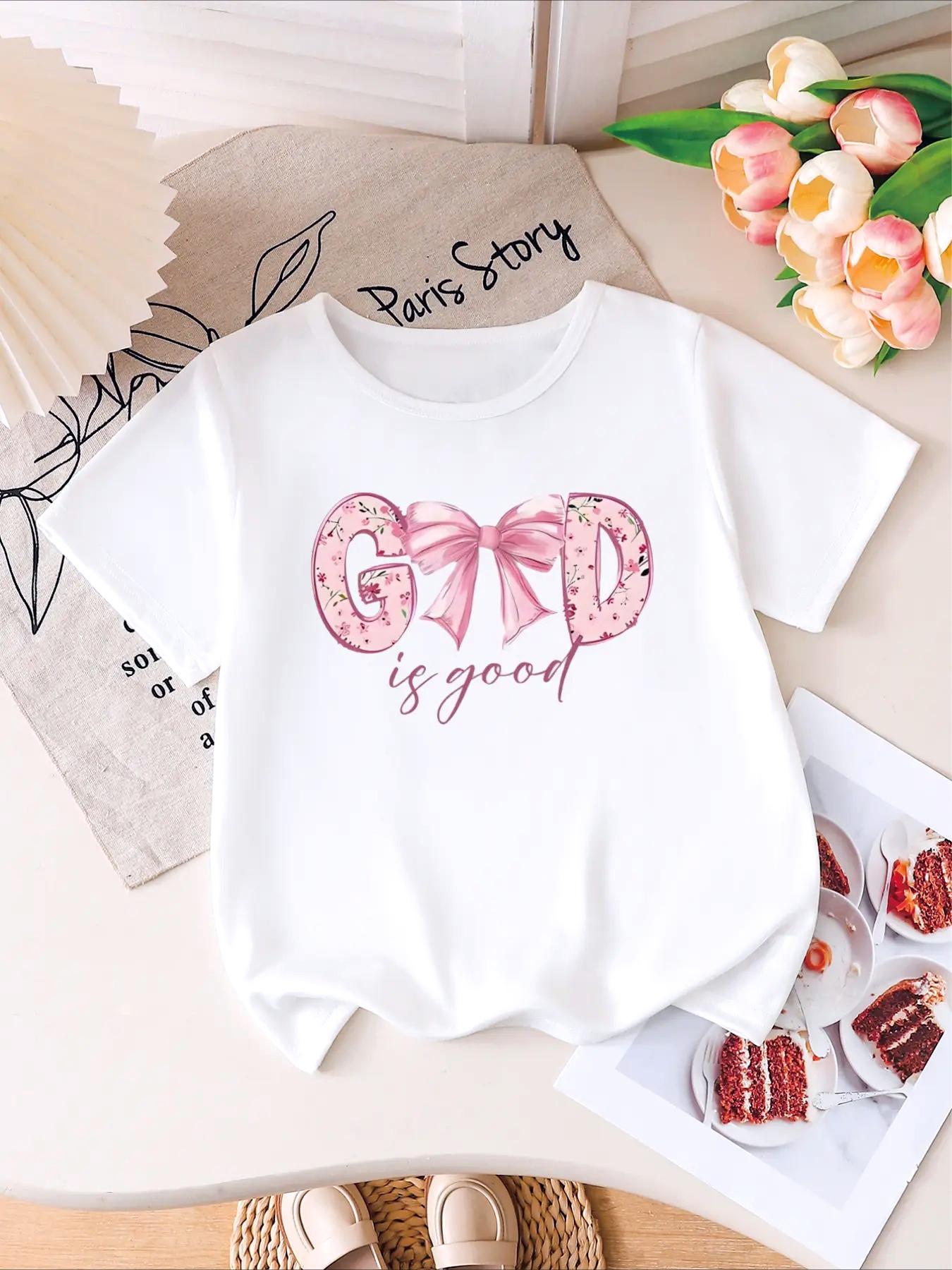 God Is Good Floral Bow Print Short Sleeve Tee for Casual Daily Wear Kids Girls White TShirt Motivational Phrases Printed Tops 100