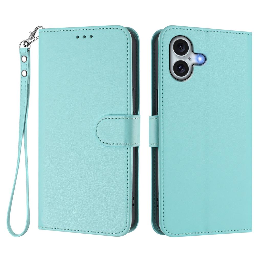 For iPhone 16 Plus Leather Case Wallet Stand Phone Cover with Wrist Strap