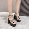 Black Platform Sandals for Women Pumps Summer Sexy Square Head Peep Toe Buckle Strap Butterfly Metal Decoration Shoes Roman