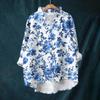 Women's Loose Ruffled Floral Print Stand Collar Long Sleeve Cotton And Linen Top