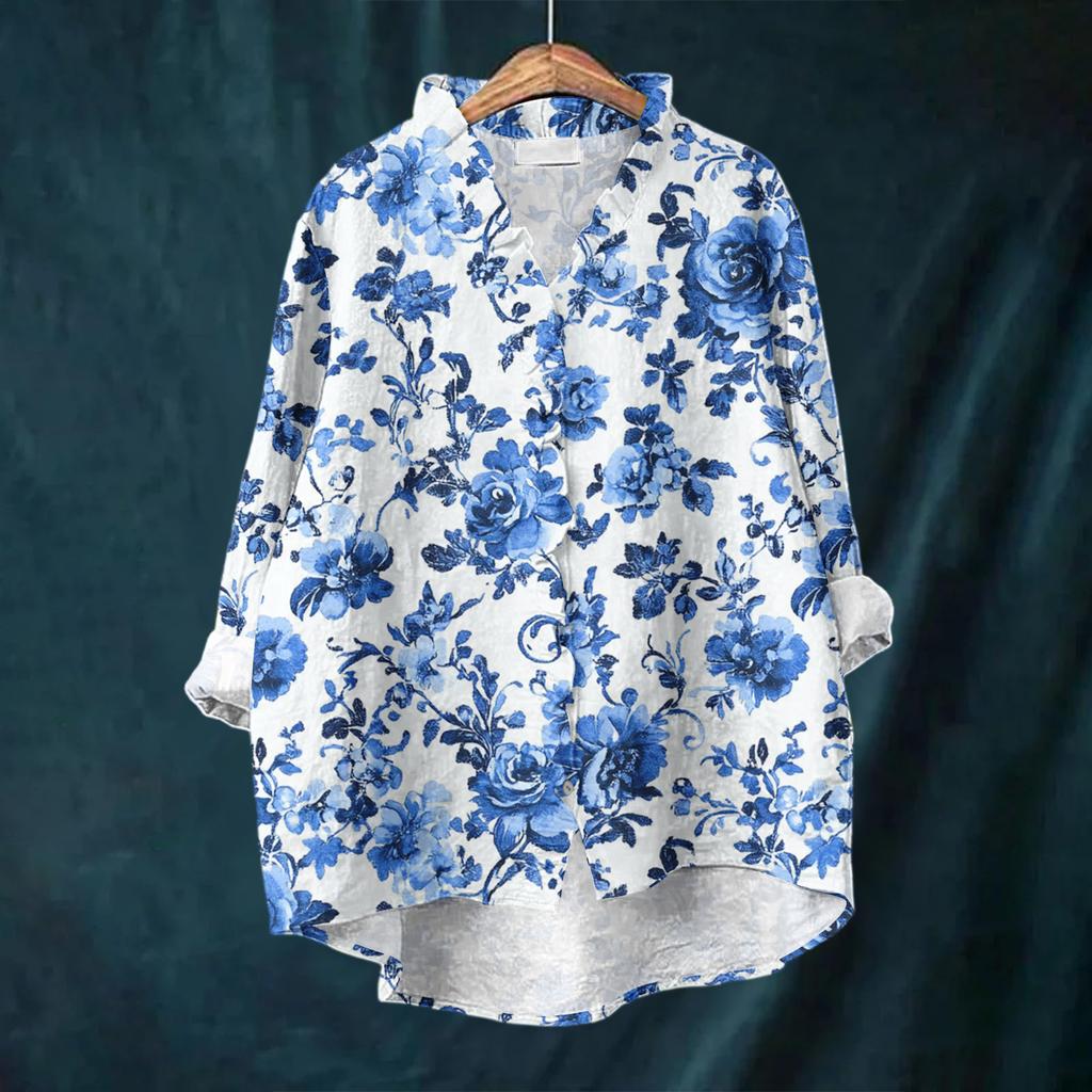 Women's Loose Ruffled Floral Print Stand Collar Long Sleeve Cotton And Linen Top