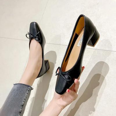 2024 Spring French Bow Square Head Shallow Mouth High Heels Fashion White Non-slip Comfort Large Size Shoes for Women 41 Heels