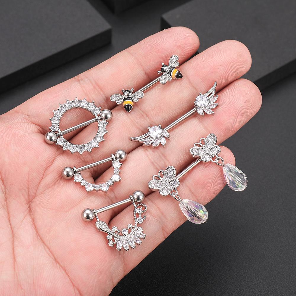 2pcs Butterfly Nipple Piercings Rings 16mm Length Bar Barbell Steel Crystal Nipple Shield Cover Heart Flower Tongue Body Jewelry
