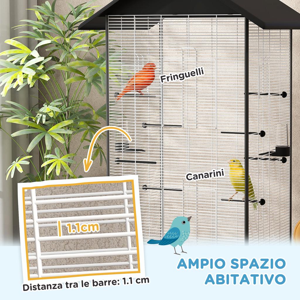 Bird Cage with Wheels and Removable Tray, 155cm High Aviary with Perches and Feeders, Black