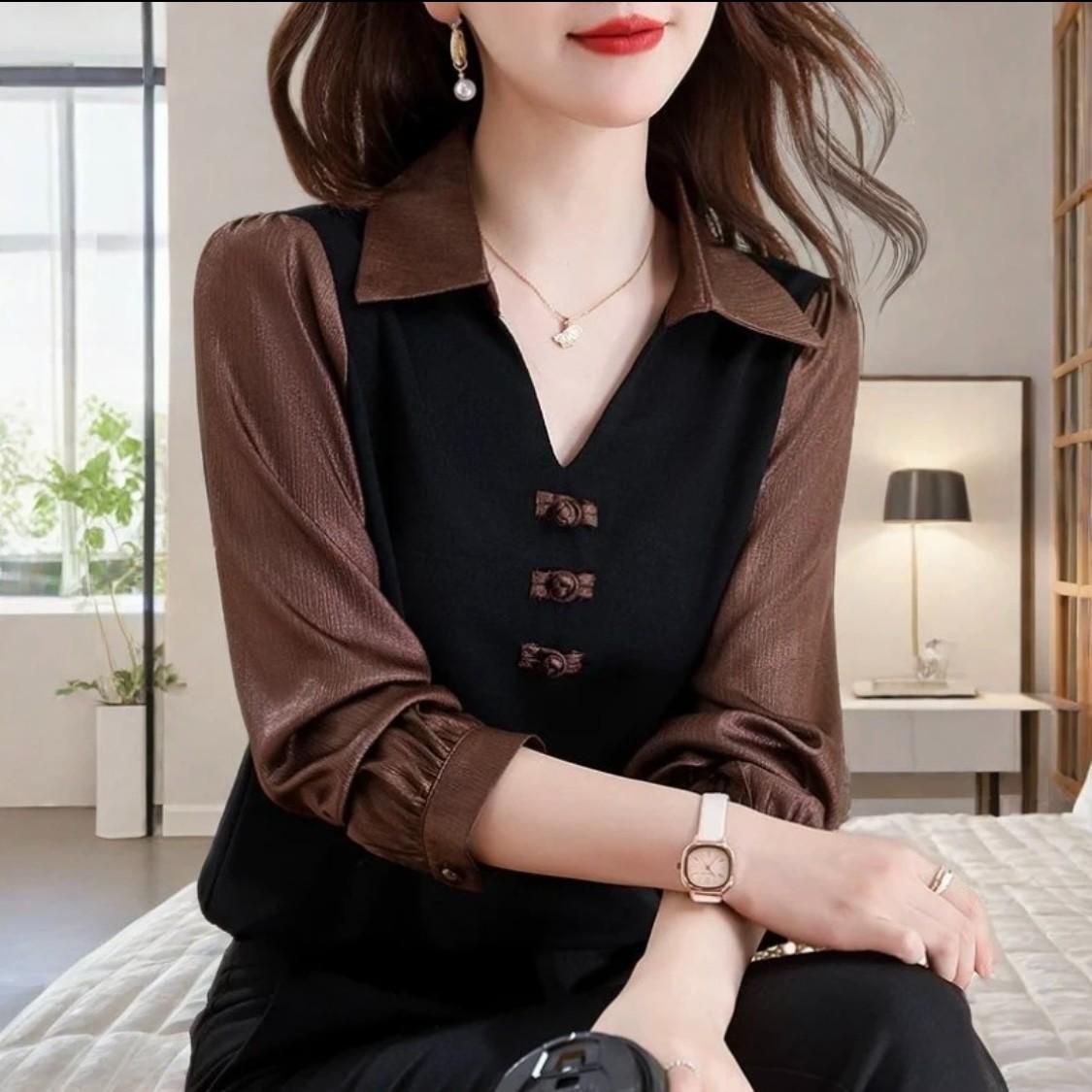 

Spring Retro Knit Lapel Long Sleeve Chic Patchwork Top for Women L (90-115 jin)