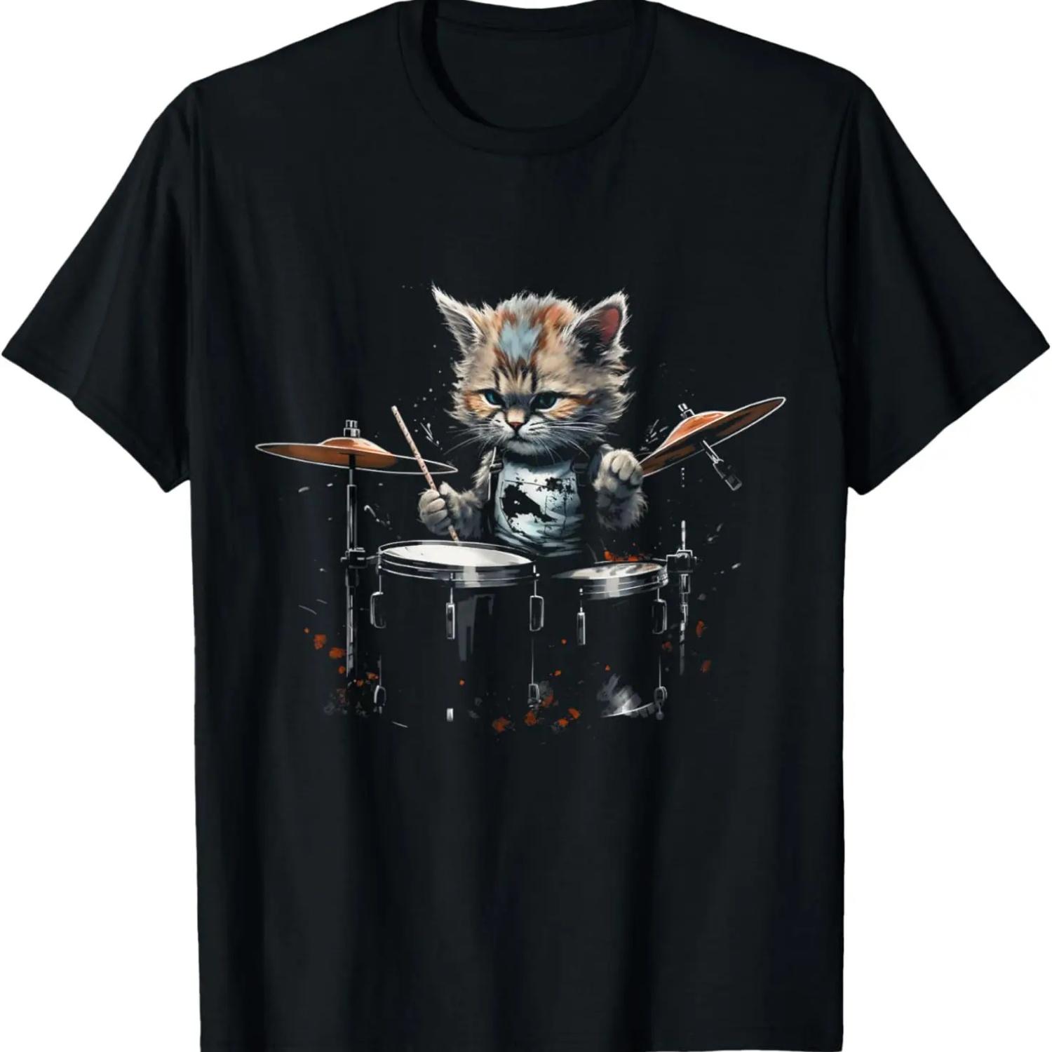 Kitten Drummer Cat Playing Drums cute T-Shirt S чёрный