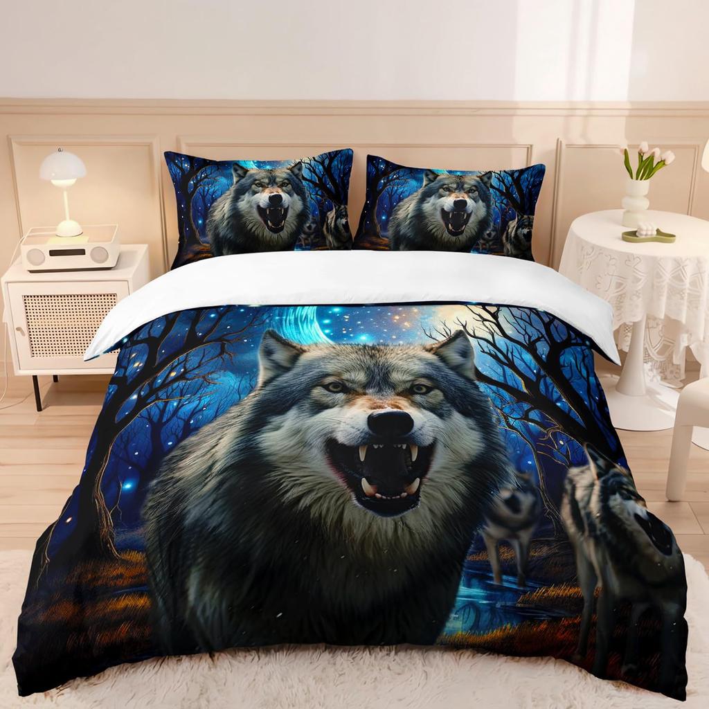 Wolf Sternenhimmel Wald Bedrucktes Bettbezug-Set Bettwäsche-Set für Schlafzimmer Dreiteiliges Set